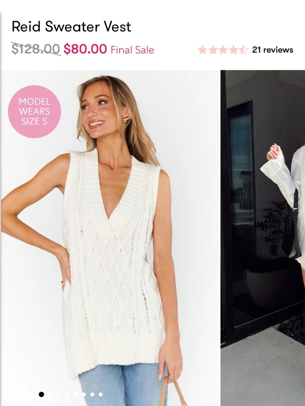 Show me your mumu Reid Sweater Vest - Cream Cable Knit V-Neck cotton large NWT